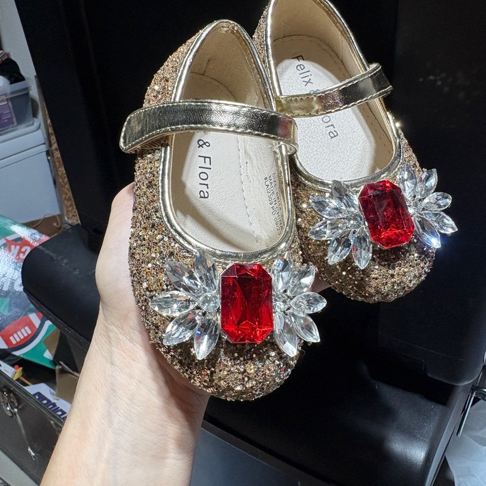 Gold Glitter Kids Shoes with Red Gem